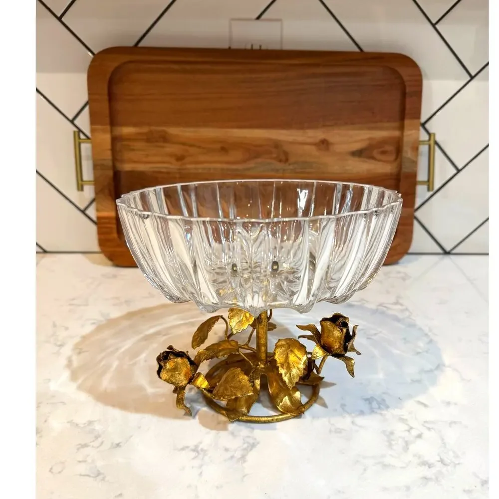 Hollywood Regency compote bowl crystal top gold-gilt cast brass pedestal base